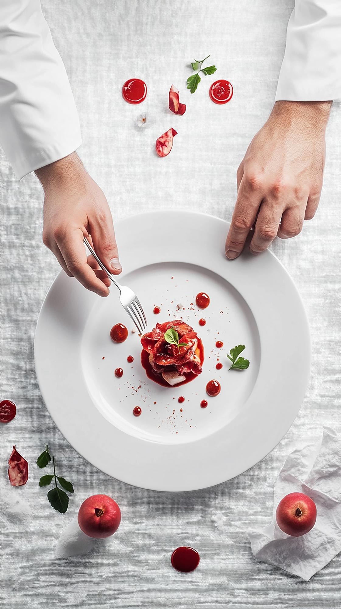 Instructor plating a modern dish on a workshop counter